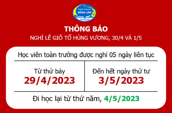 Thông báo nghỉ lễ Giỗ tổ Hùng Vương, 30/4 và 1/5
